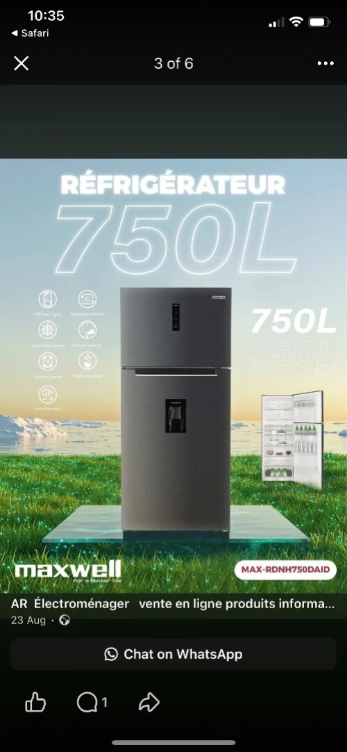 Réfrigérateur Maxwell 750l Nofrost Compresseur LG Noir Inox avec distributeur disponible