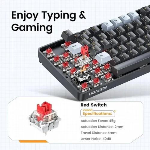 Clavier Mécanique UGREEN - PBT Keycaps Filaires, Switches Rouges - Disposition US