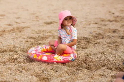 Chapeau decathlon Anti UV Bébé Réversible Rose Clair et Bleu Palmier