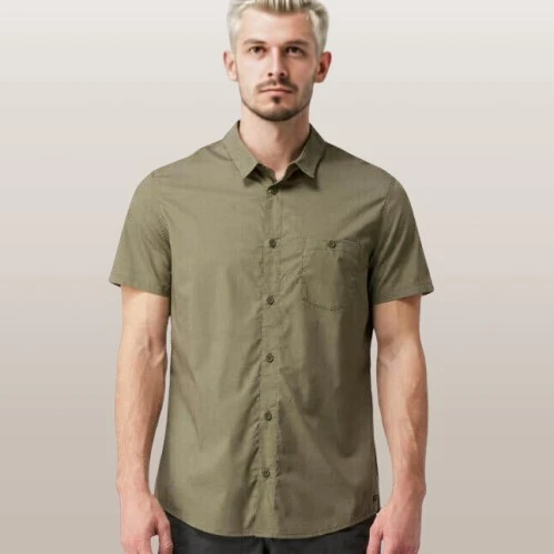 CHEMISE DE TREKKING VOYAGE TRAVEL 100 MANCHES COURTES BRUN HOMME
