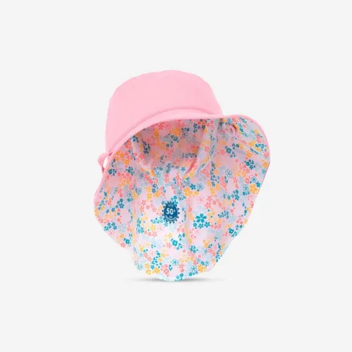 Chapeau decathlon Anti UV Bébé Réversible Rose Clair et Bleu Palmier