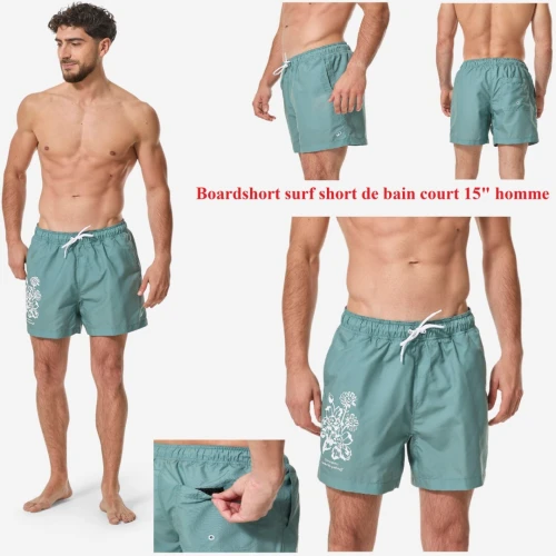 Boardshort surf short de bain court 15" homme, 100 Rad vert