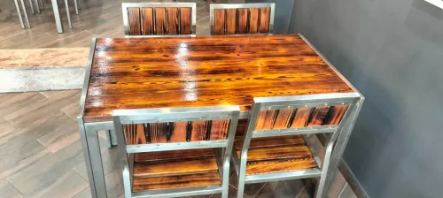 Lot complet tables & chaises inox AISI 304 + bois rouge américain idéal restaurant pizzeria