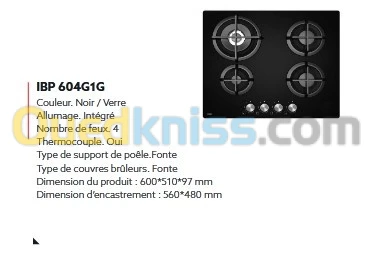 TABLE DE CUISSON IRIS 4 FEUX 60CM IBP604G1G