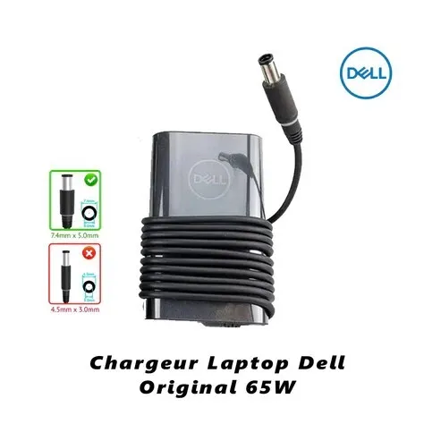 Chargeur Laptop Dell Original 65W 19V 3.34A Fiche Noir avec Câble Trèfle En État Excellent
