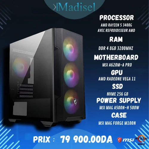 CONFIG GAMING CPU AMD AM4 RYZEN 5 3400G  CARTE MERE MSI A520M-A PRO  SSD 256 GB SP  ALIMENTATION MSI MAG A500N-H 500 WATTS  DDRAM 4 8GB 3200Mhz BOITIER MSI MAG FORGE M100R