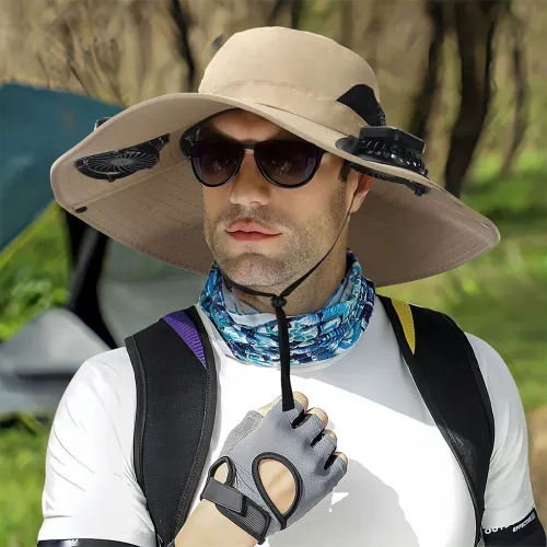 Chapeau de soleil à large bord avec double ventilateur قبعة للحماية من الشمس مع مروحات