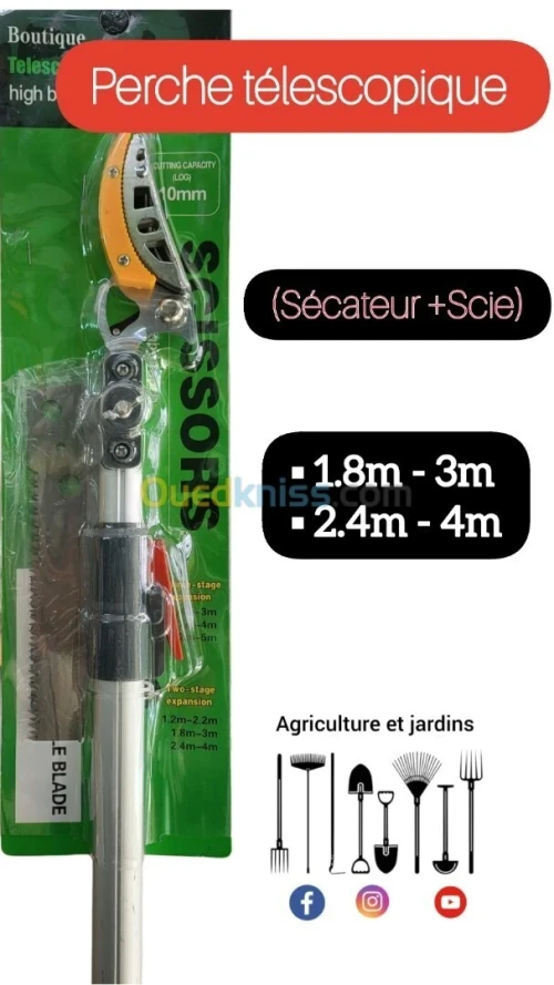 Sécateur perche + scie télescopique 1.8 à3m / 2.4à 4m) . Taille et élagage en hauteur