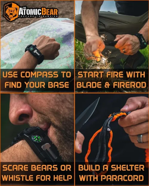 Atomic Bear - Bracelet De Survie En Paracorde, Boussole, Sifflet, Grattoir, Allume-feu