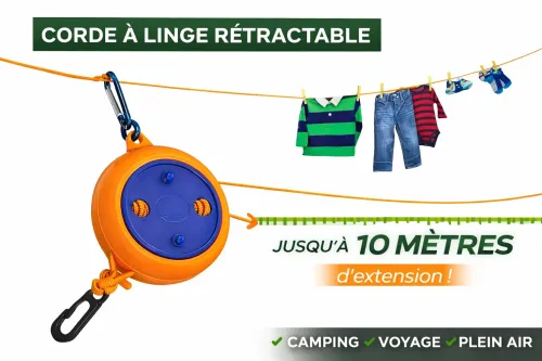 Ligne de séchage rétractable extensible de 9,75 mètres portable pour camping et trekking