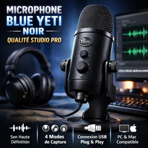 Microphone Blue Yeti Noir - Qualité Studio Professionnelle
