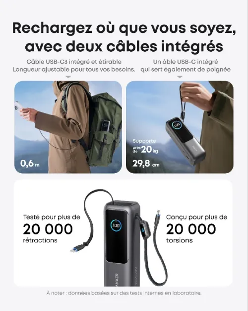 Power Bank Batterie Externe Anker Zolo (25K, 165 W, câble intégré + câble