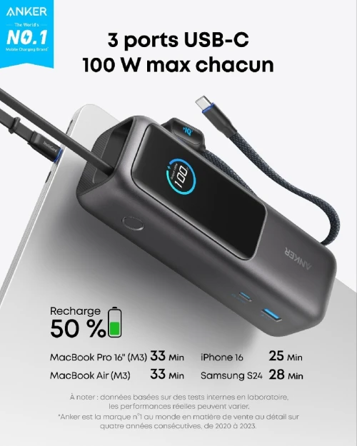 Power Bank Batterie Externe Anker Zolo (25K, 165 W, câble intégré + câble