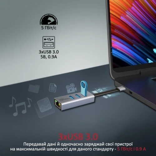 Adaptateur hub USB-C 4-en-1 Promate GigaHub-C 3xUSB 3.0/RJ45