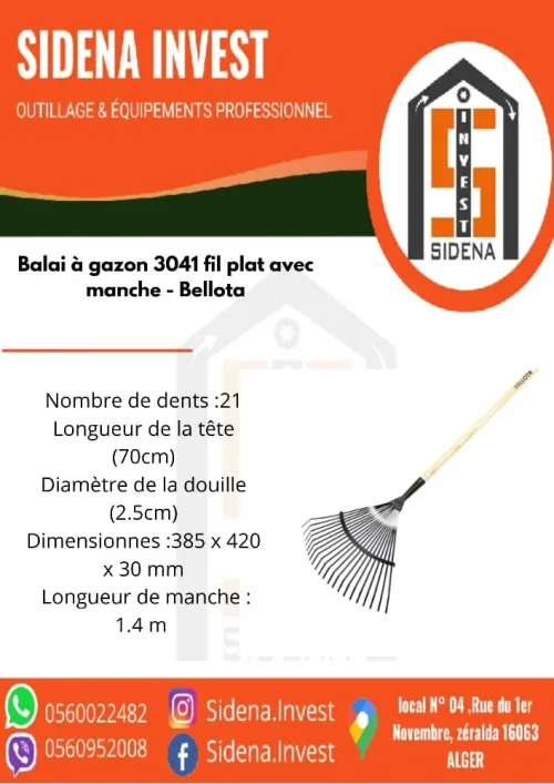 balai a gazon 3041 bellota fil plat avec manche 