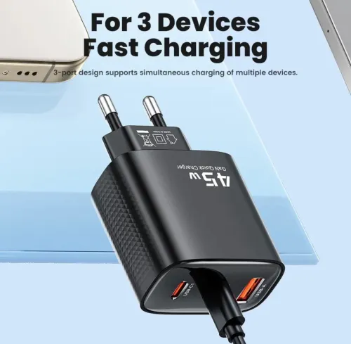 Chargeur 45W GAN 3 ports USB Type C - Type A (avec Cable 100W)