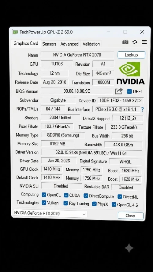 كرت شاشة GIGABYTE GeForce RTX 2070 8G