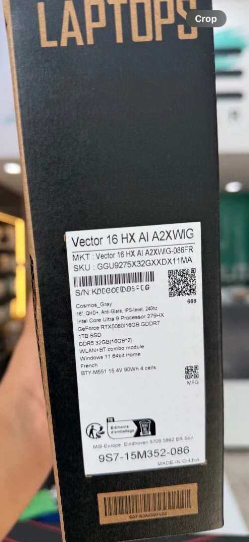LAPTOP MSI VECTOR 16 ULTRA 9 275HX 32GB RAM 1TB SSD NVIDIA RTX 5080 16GB VRAM ECRAN 16" NEUF 