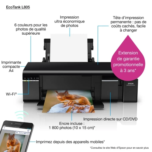 Epson EcoTank L805 imprimante WiFi couleur impression photos et documents grande capacité
