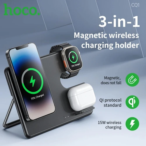 CHARGEUR BLUETOOTH 15W 3EN1 HOCO CQ1 CHARGE RAPIDE TÉLÉPHONE MONTRE & EARBUDS