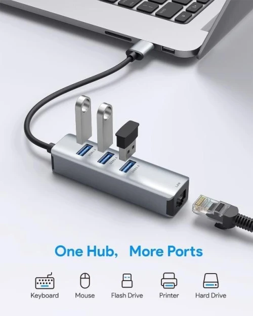Hub USB Type C vers RJ45 Gigabit et 3 ports USB 3.0 pour PC smartphone