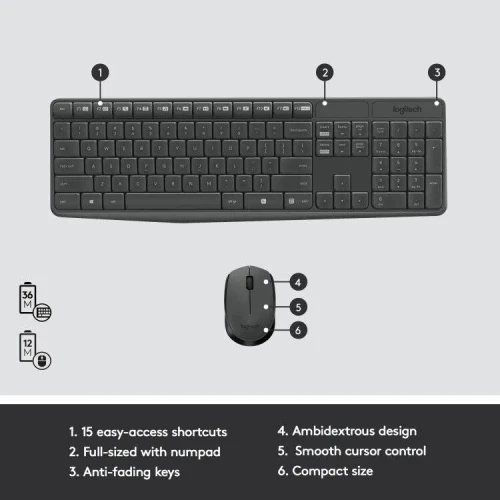 Combo Logitech MK235 Clavier Souris Sans Fil 2.4GHz AZERTY Full Size Autonomie Longue Durée USB Résistant Éclaboussures PC Portable Bureau