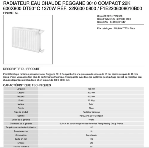 Radiateur acier Reggane 3010 FINEMETAL 22k600