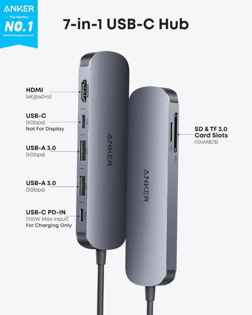 Hub Anker Nano USB-C 7 en 1, Répartiteur HDMI 4K 60 Hz, Power Delivery 100W Max, 3 Ports de Données USB A et Type C 3.0, Carte SD/TF, pour Appareils Type C
