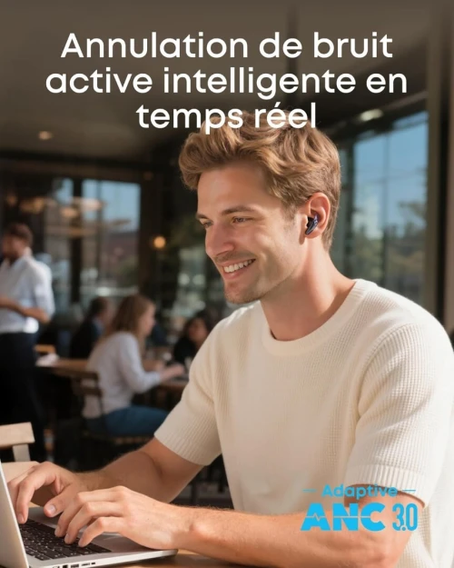 Airpods Soundcore Anker Liberty Buds , Semi Intra Auriculaires, ailettes Amovibles, Annulation de Bruit adaptative en Temps réel, Charge Rapide, Bluetooth sans Fil, Traduction, 30h d'autonomie