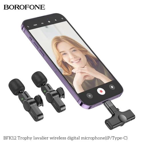Double microphone Borofone BFK12 sans fil Lavalier USB Type C / Lightning Trophy