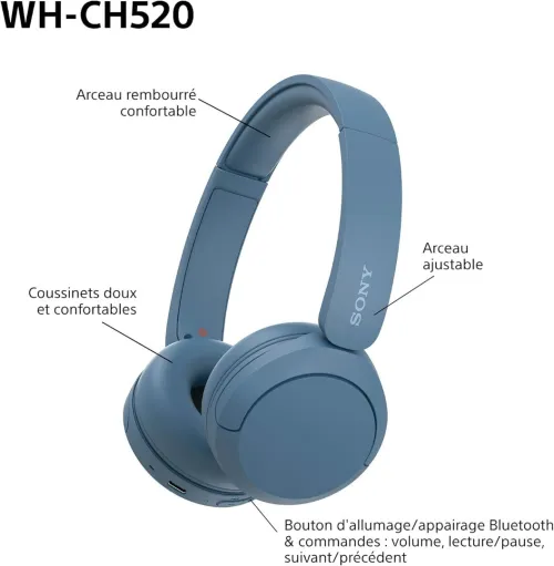 Casque Sony WH-CH520 - Bluetooth sans Fil, Multipoint, Micro intégré - 50 Heures et Charge Rapide