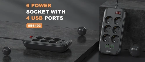 Rallonge Multiprise 2M Câble 6 Prise + 4 USB LDNIO SE6403