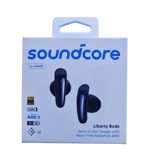 Airpods Soundcore Anker Liberty Buds , Semi Intra Auriculaires, ailettes Amovibles, Annulation de Bruit adaptative en Temps réel, Charge Rapide, Bluetooth sans Fil, Traduction, 30h d'autonomie