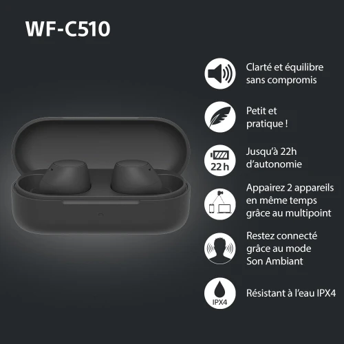 Sony WF-C510 Écouteurs intra-auriculaires, connexion multipoint, IPX4, charge rapide, iOS et Android
