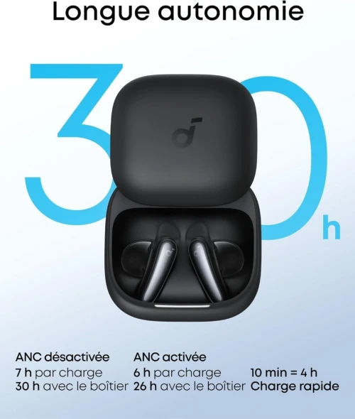 Airpods Soundcore Anker Liberty Buds , Semi Intra Auriculaires, ailettes Amovibles, Annulation de Bruit adaptative en Temps réel, Charge Rapide, Bluetooth sans Fil, Traduction, 30h d'autonomie