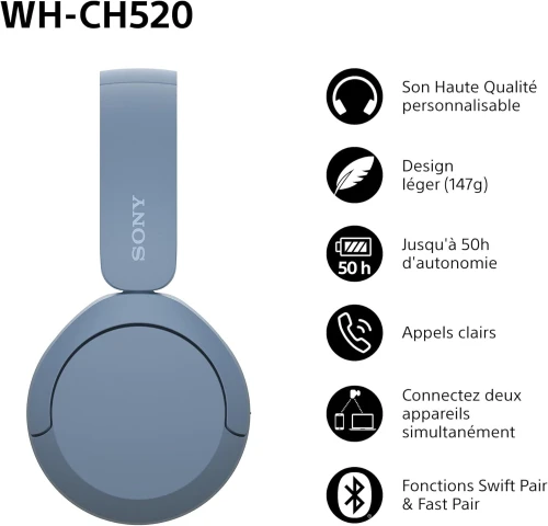 Casque Sony WH-CH520 - Bluetooth sans Fil, Multipoint, Micro intégré - 50 Heures et Charge Rapide