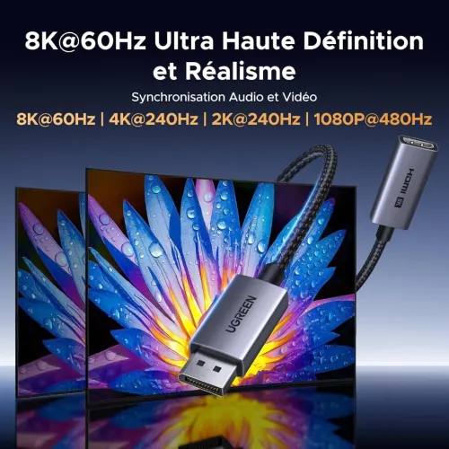 UGREEN Adaptateur DisplayPort vers HDMI 8K 60Hz - 4K 240Hz HDR10 - Convertisseur DP Mâle vers HDMI Femelle Unidirectionnel - Câble en Nylon Tressé 20CM Compatible avec Laptop HDTV Moniteur Projecteur