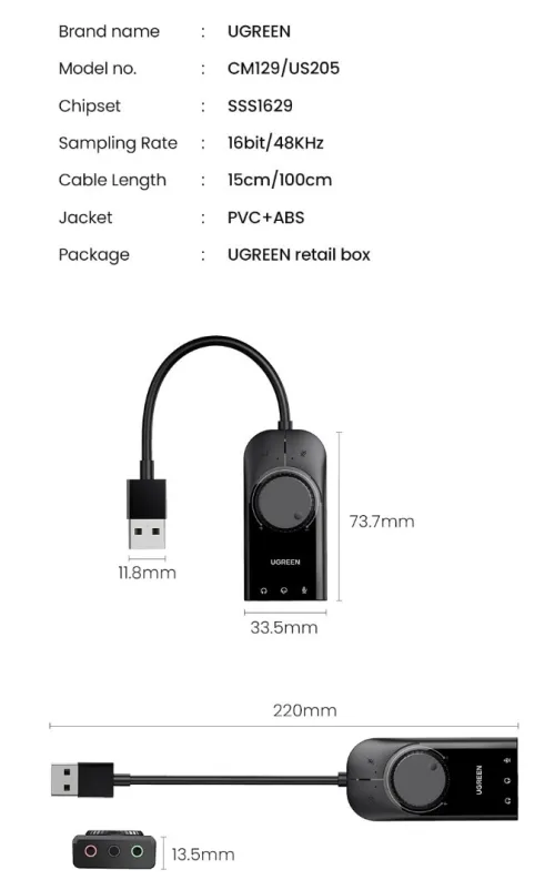Ugreen carte son externe USB 3.5mm adaptateur Audio pour Microphone, ordinateur portable PS4 ...