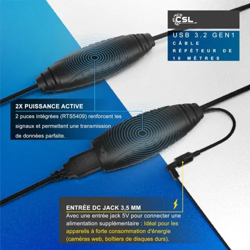 CSL rallonge USB 3.2 Gen1 avec amplificateur Actif répéteur 10 mètres - USB Male Femelle plaqués Or