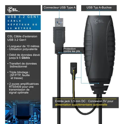 CSL rallonge USB 3.2 Gen1 avec amplificateur Actif répéteur 10 mètres - USB Male Femelle plaqués Or
