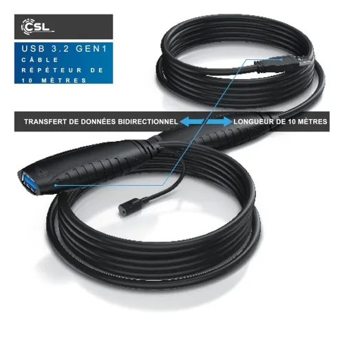 CSL rallonge USB 3.2 Gen1 avec amplificateur Actif répéteur 10 mètres - USB Male Femelle plaqués Or