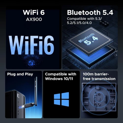 UGREEN Adaptateur WiFi Bluetooth USB 2-en-1 WiFi 6 AX900 Bluetooth 5.4 antenne à gain élevé 6dBi 