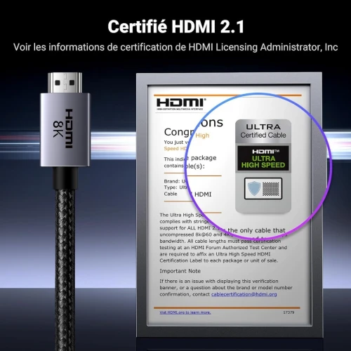 UGREEN Câble HDMI 2.1 Certifié 4K 120Hz 48Gbps Dynamic HDR Dolby Vision Dolby Atmos HDCP eARC PS5