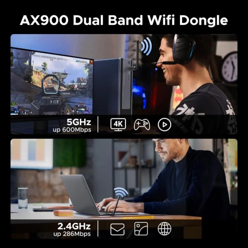 UGREEN Adaptateur WiFi Bluetooth USB 2-en-1 WiFi 6 AX900 Bluetooth 5.4 antenne à gain élevé 6dBi 
