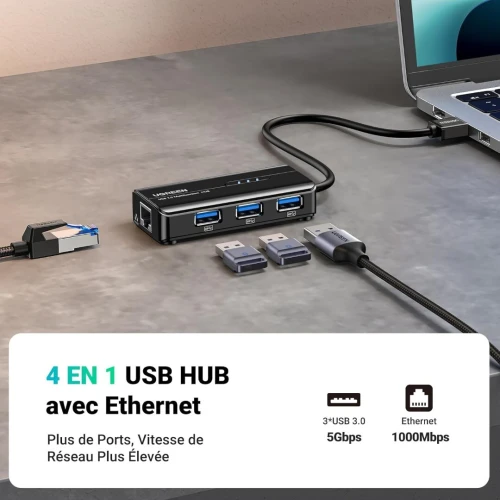 UGREEN Hub USB Réseau Adaptateur 3 Ports USB 3.0 RJ45 Gigabit Ethernet 1000 Mbps Compatible avec Xiaomi Mi Box S Mi Box 3 Supporte Mac OS Windows 10 8 7 Linux