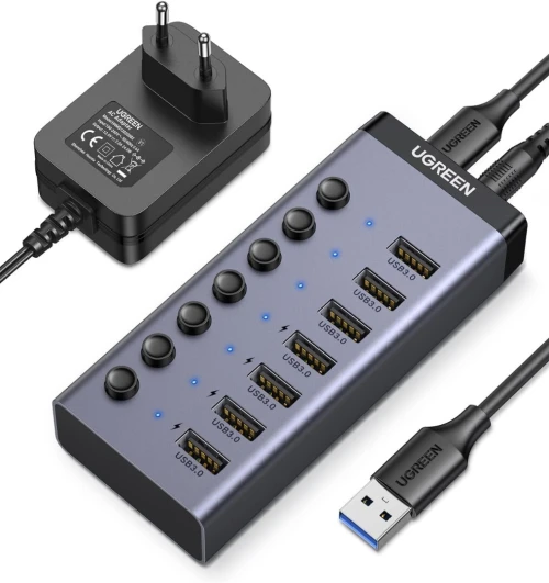 UGREEN Hub USB 3.0 Alimenté en Aluminium 7 Ports USB Hub avec Ports de Charge Interrupteur Indépendant Alimentation Externe 12V 2A Compatible avec PC PS5 PS4 Pro Slim Xbox One iMac, 1M Câble