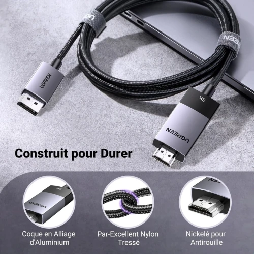 UGREEN 4K Câble DisplayPort 1.4 vers HDMI 2.1 32.4Gbps 8K 60Hz 4K 240Hz Unidirectionnelle HDR HDCP