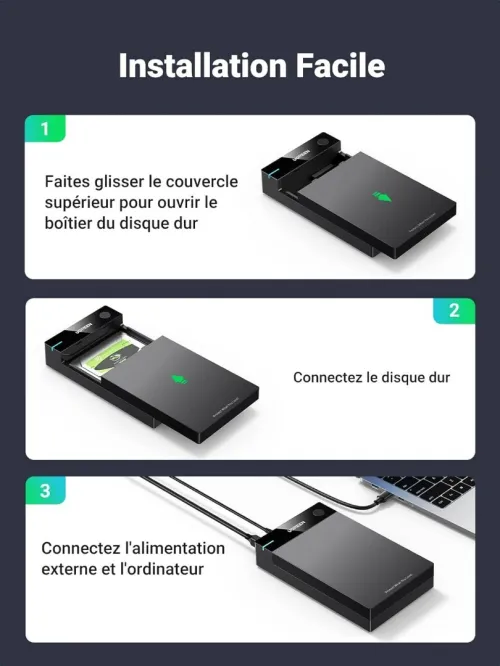 UGREEN Boîtier Disque Dur 3,5 Pouces Externe Adaptateur USB 3.0 vers SATA Disque Dur 3,5 2,5 Pouces HDD SSD Supporte UASP 5Gbps, Alimentation Supplémentaire 12 V 2 A Inclus