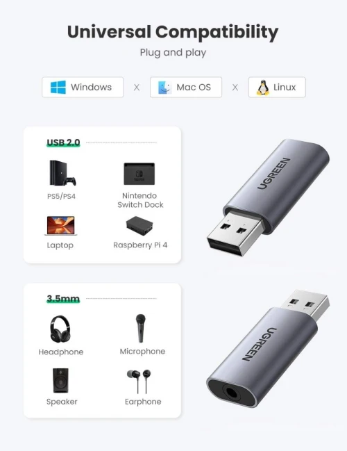 UGREEN Carte son USB audio stéréo 2 en 1 USB vers 3,5 mm Jack