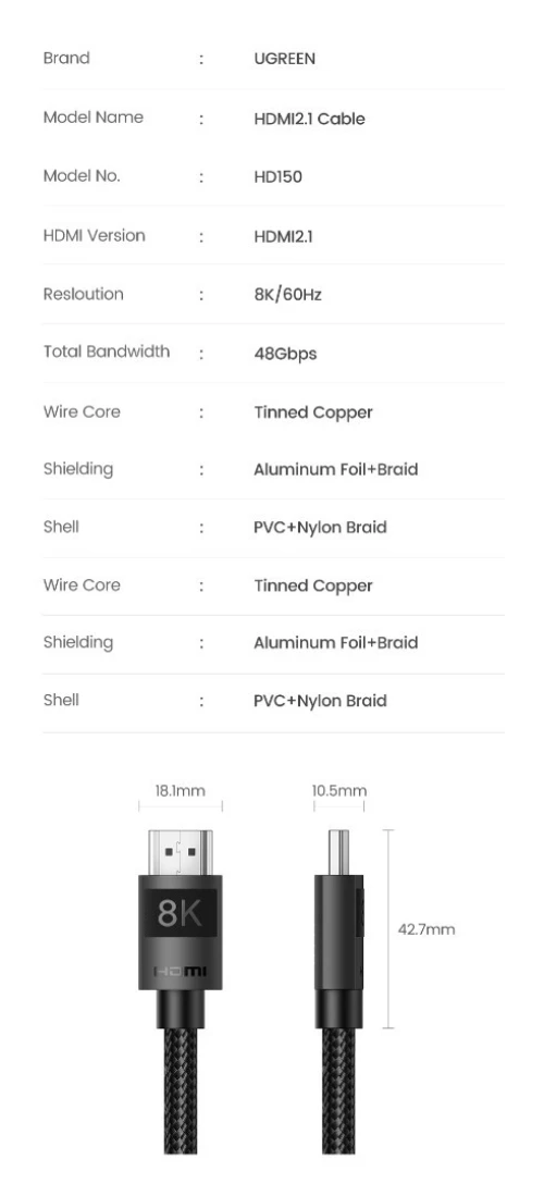 UGREEN Câble HDMI 2.1  8K 60Hz * 4K 120Hz * UHD Haute Vitesse 48 Gbps  * 1M * 2M * 3M* 5M